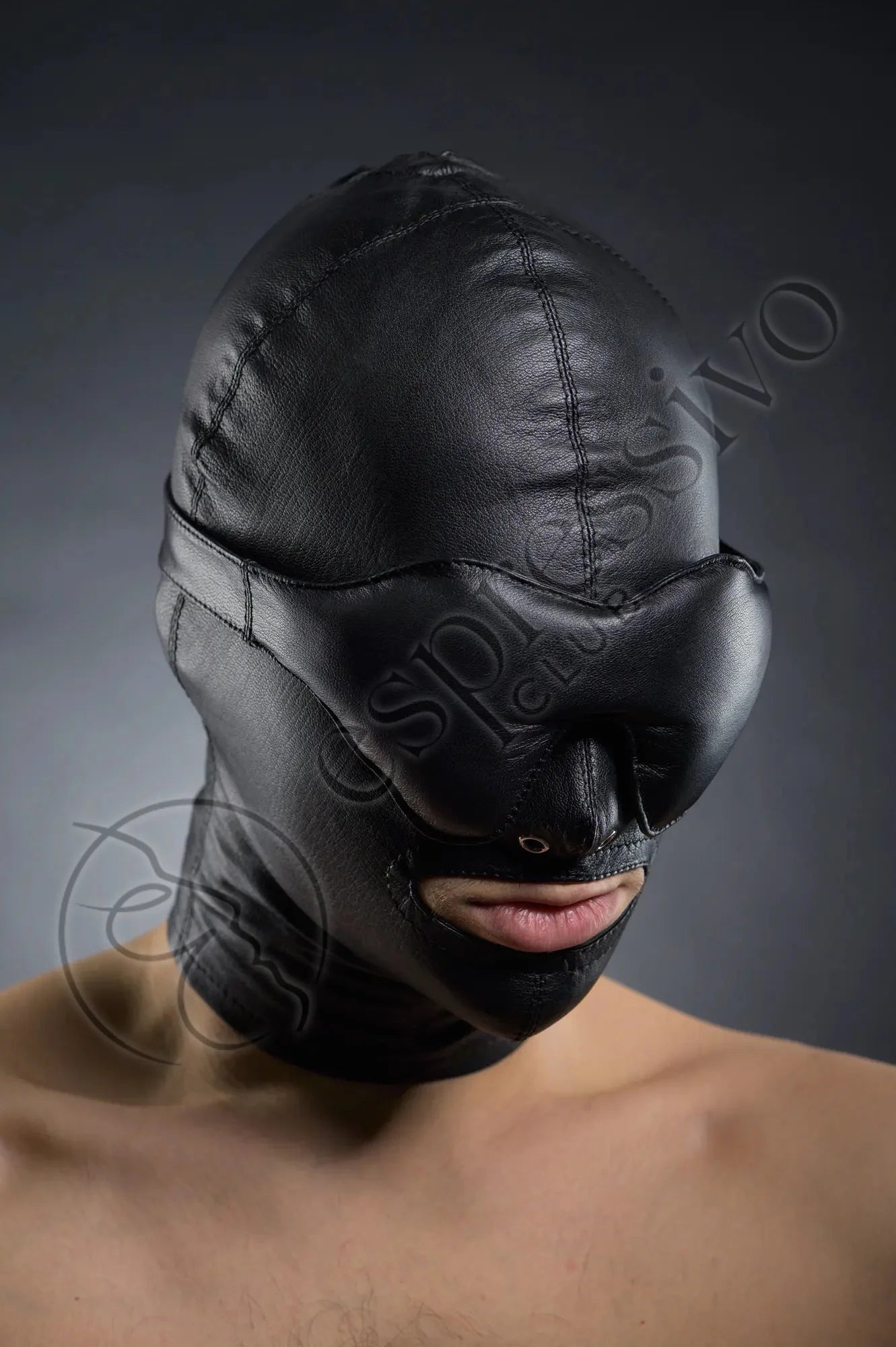 Real Leather Bondage Set of Tight BDSM Hood with Leather Blindfold and Muffle Gag