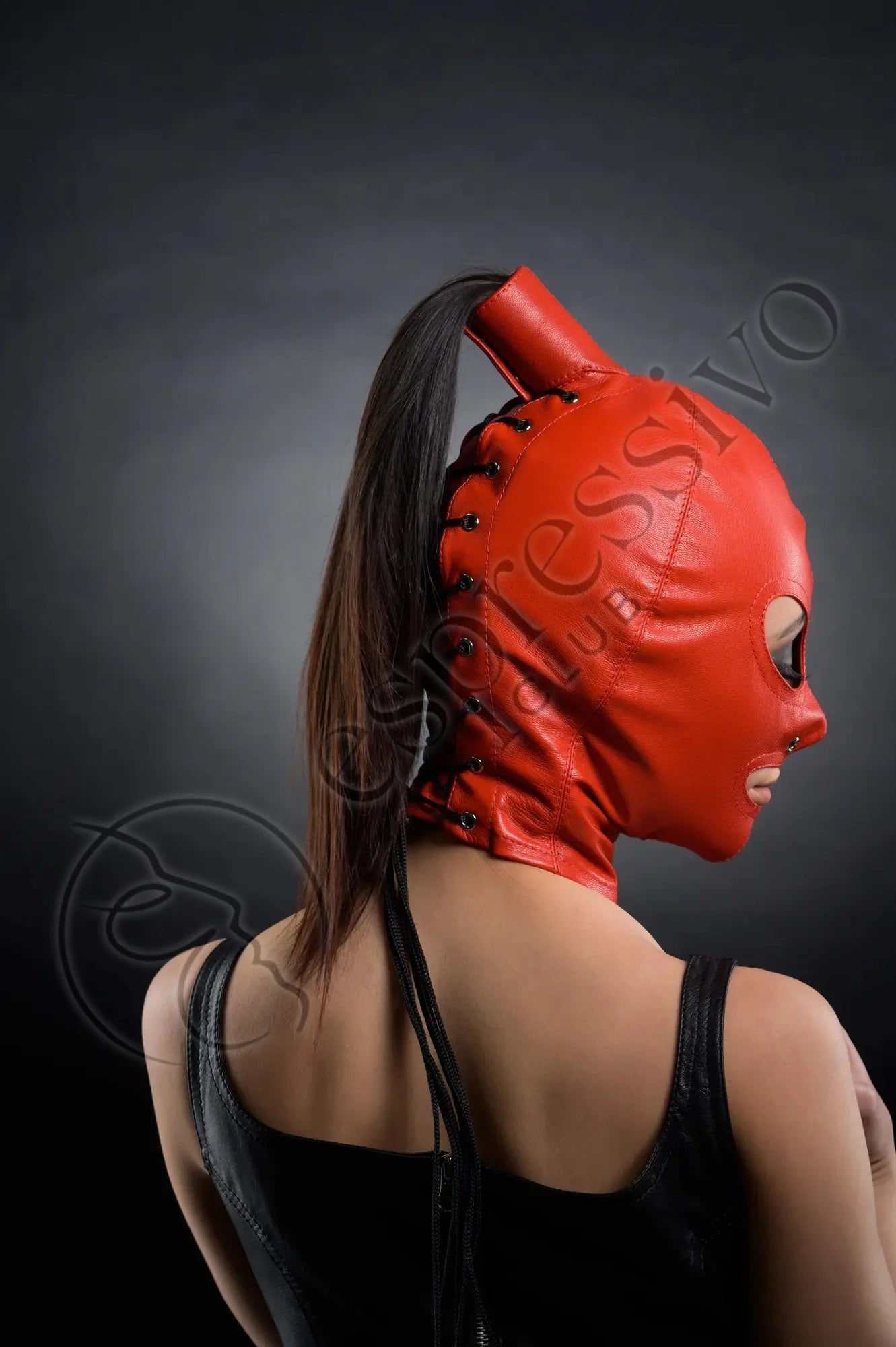Red Real Leather Bdsm Ponytail Hood - Open Eyes & Mouth Masks