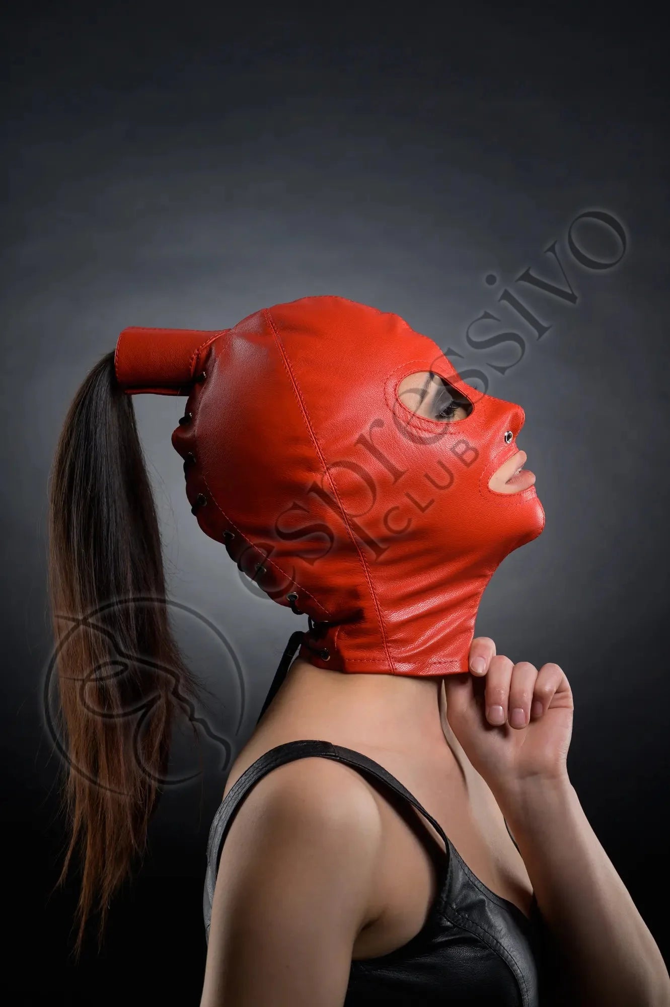 Red Real Leather Bdsm Ponytail Hood - Open Eyes & Mouth Masks