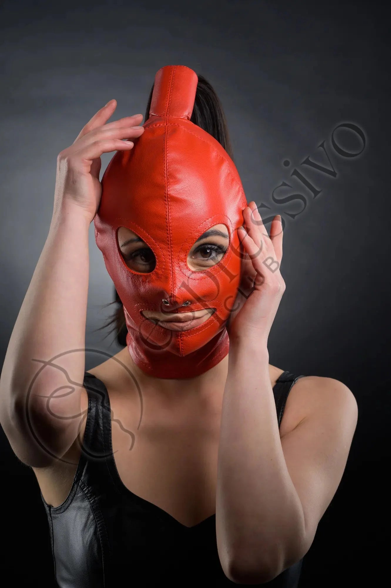 Red Real Leather BDSM Ponytail Hood - Open Eyes and Mouth