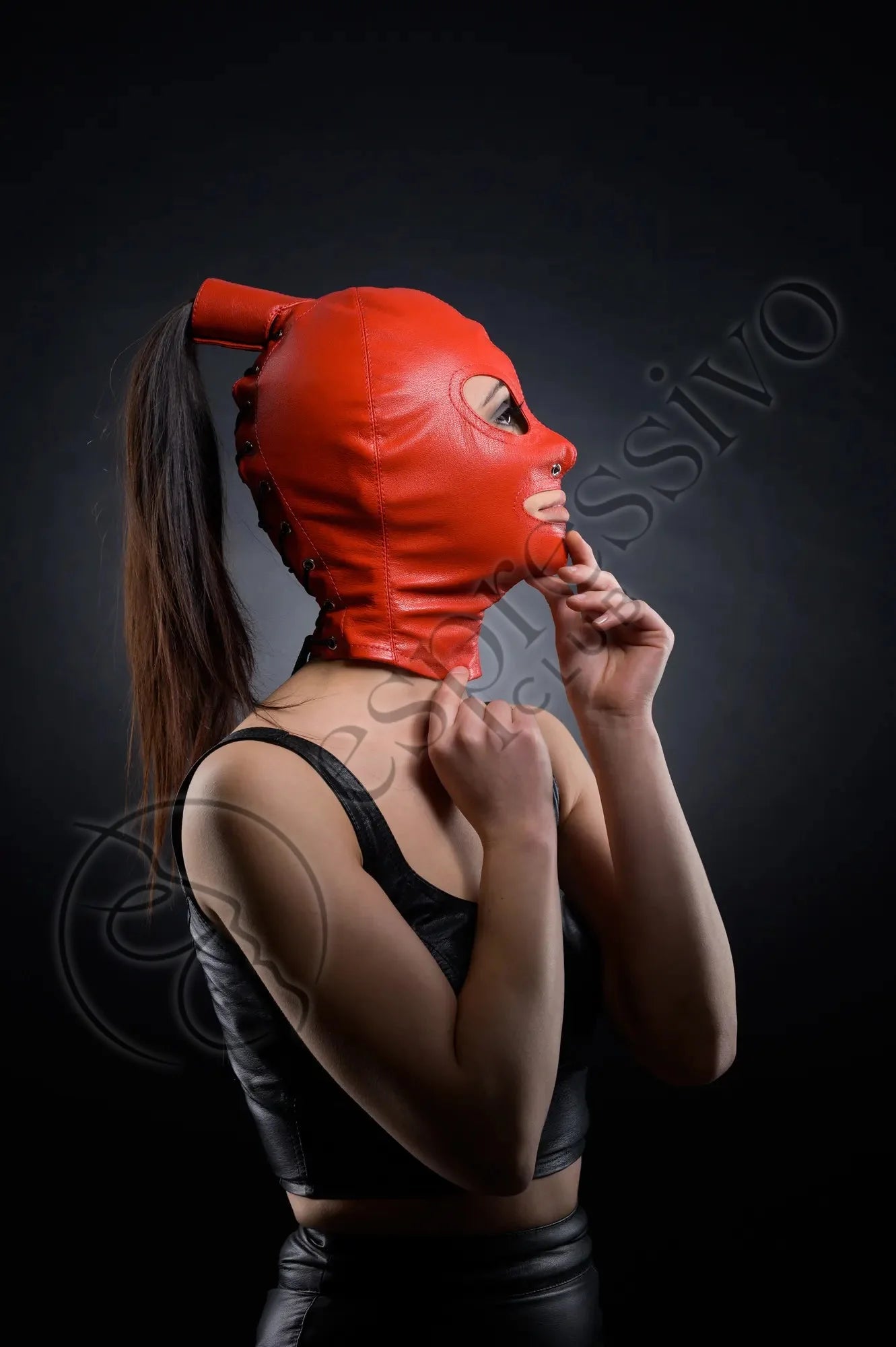Red Real Leather Bdsm Ponytail Hood - Open Eyes & Mouth Masks