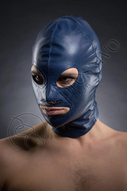Tight Leather Bdsm Hood - Open Eyes & Mouth Blue Real Masks Real