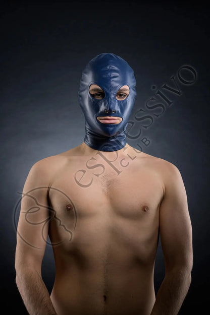 Tight Leather Bdsm Hood - Open Eyes & Mouth Blue Real Masks Real