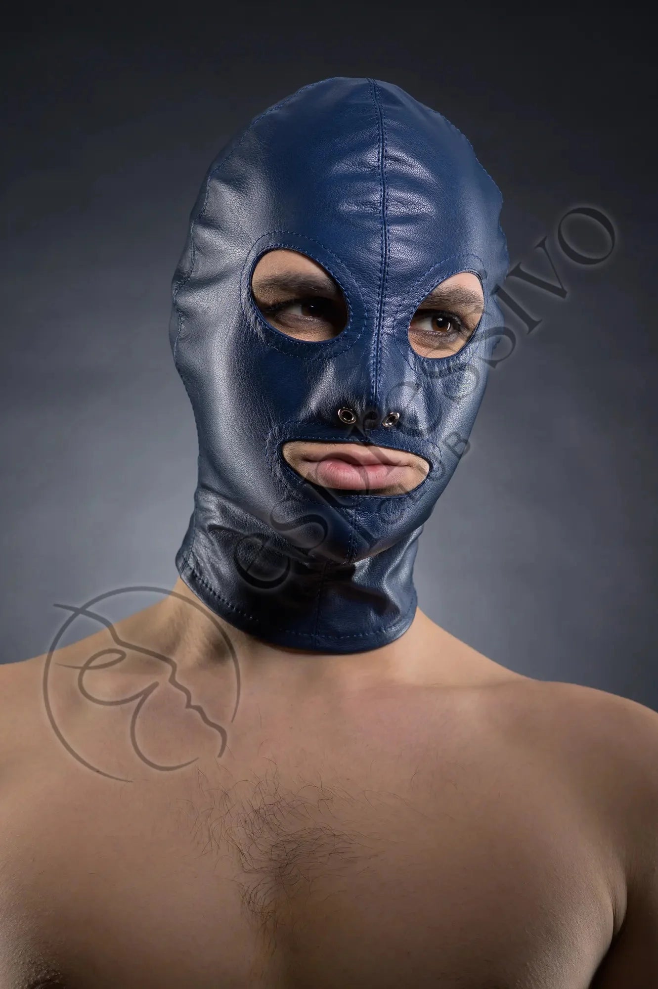 Tight leather BDSM hood - open eyes & mouth - blue real leather