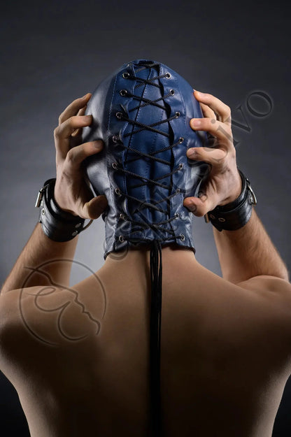 Tight Leather Bdsm Hood - Open Eyes & Mouth Blue Real Masks Real