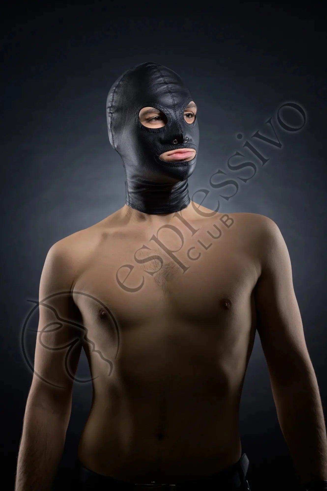 Tight Leather Bdsm Hood - Open Eyes & Mouth - Male Model Front