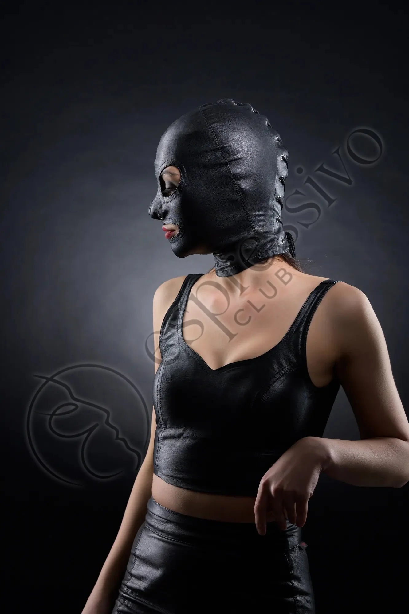 Tight Leather BDSM Hood Open Mouth and Eyes - Female Model