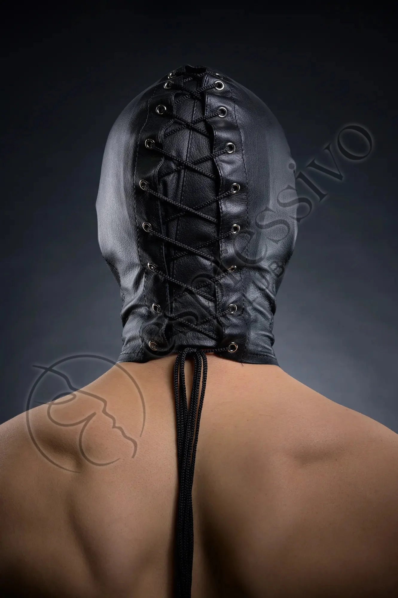 Tight Leather BDSM Hood - Open Eyes & Mouth - Male Model Back