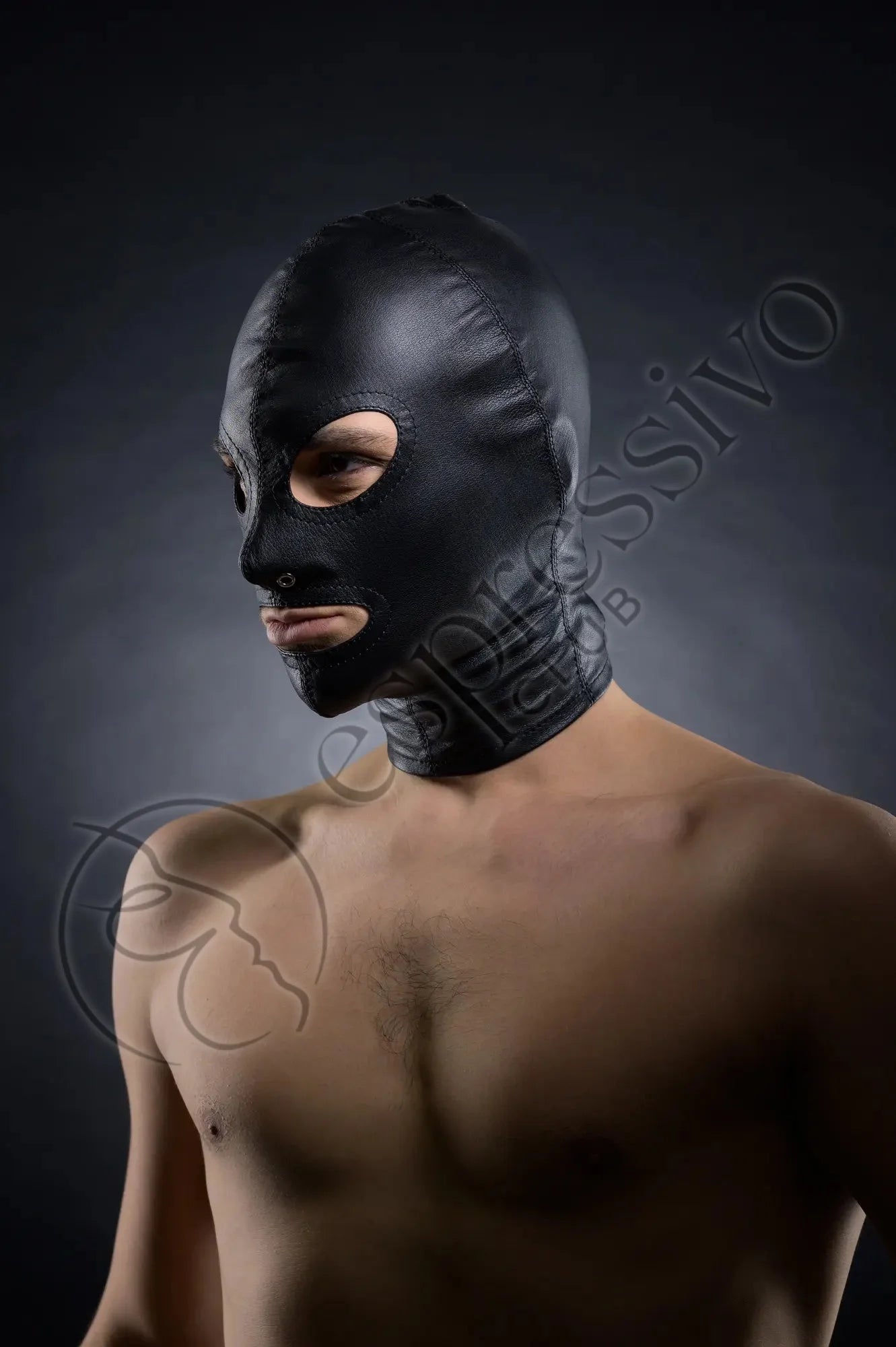 Tight Leather BDSM Hood - Open Eyes & Mouth Male Model