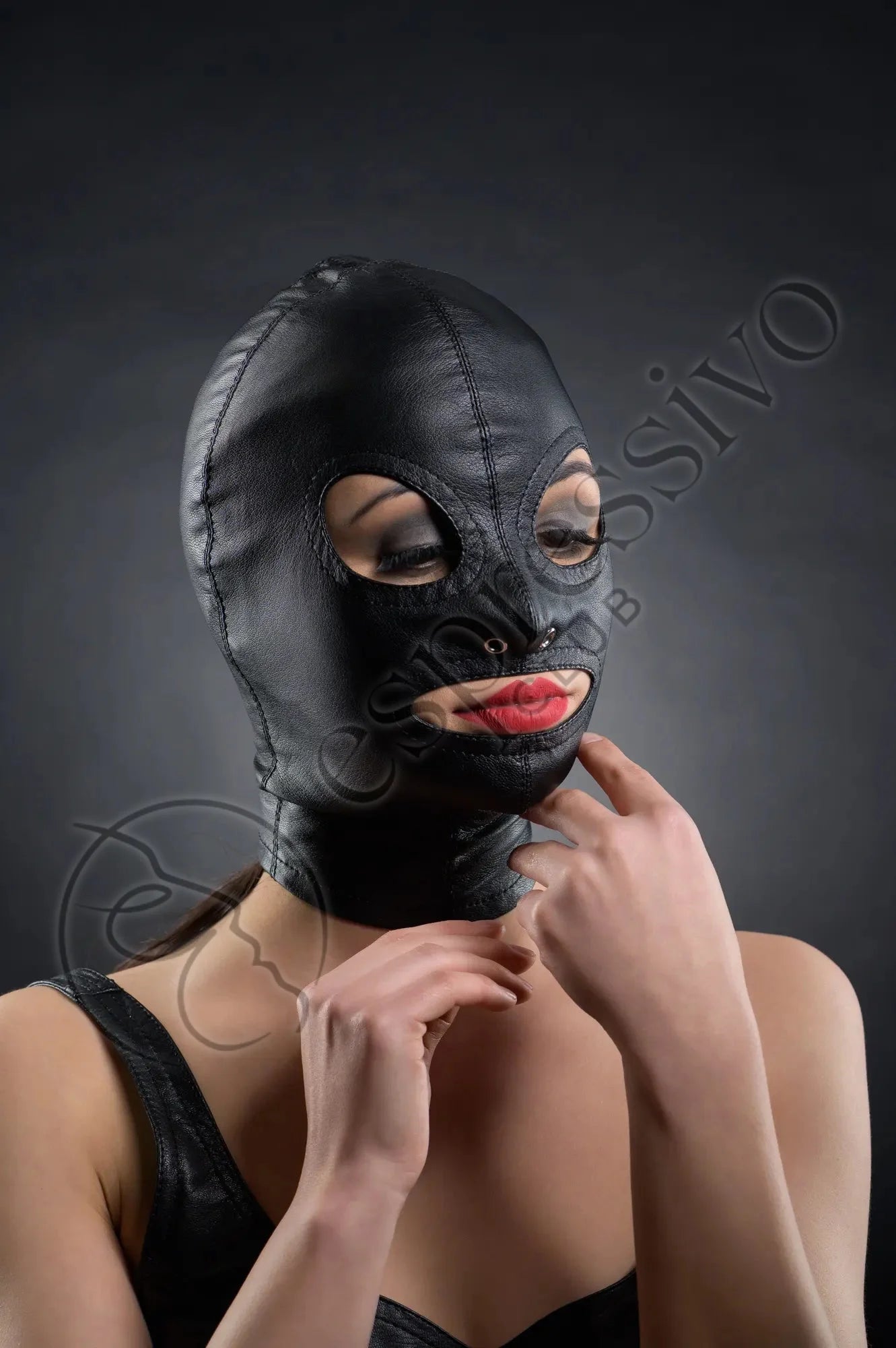 Tight Leather BDSM Hood - Open Eyes & Mouth - Female Model Front