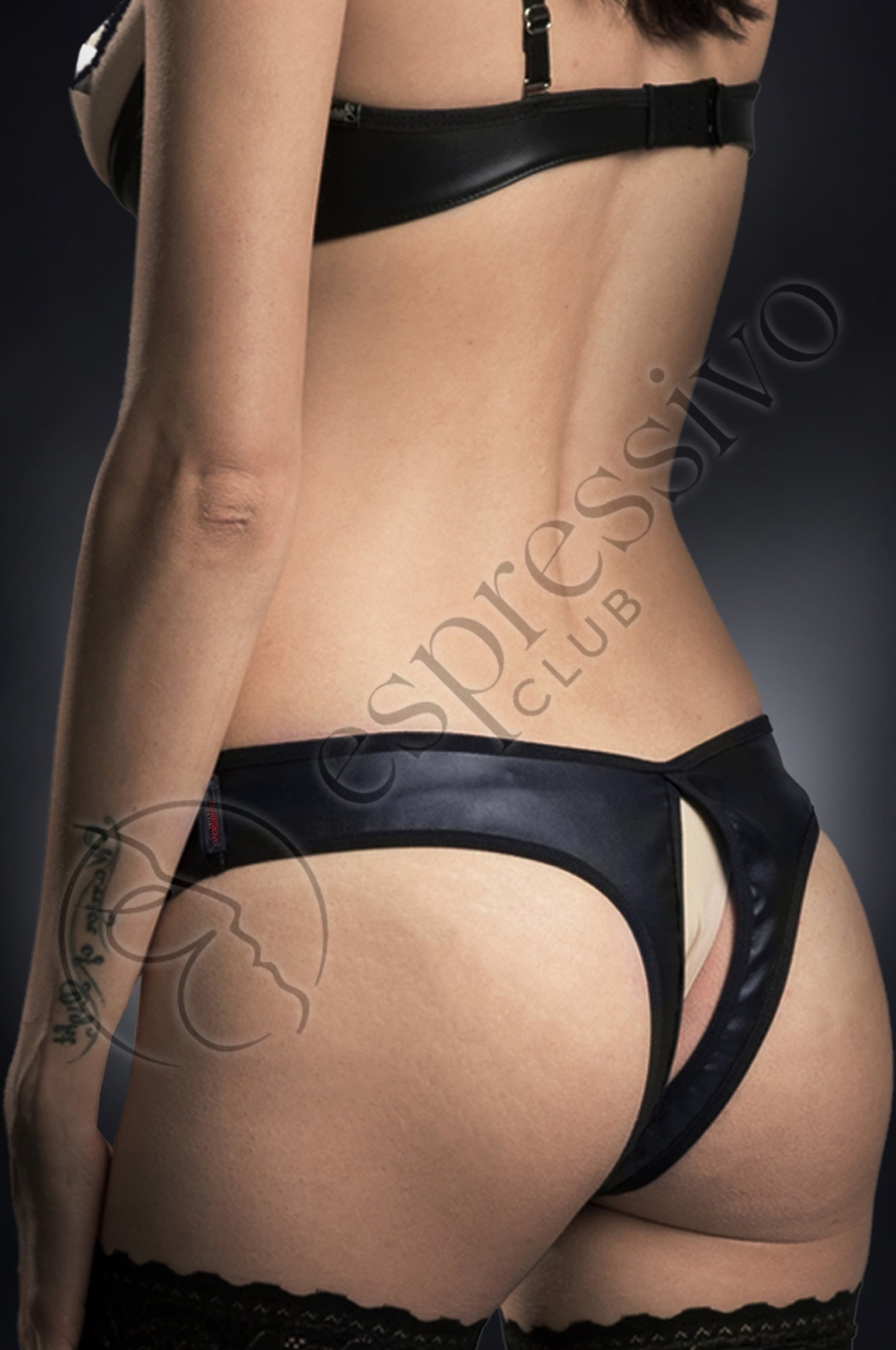 Womens Crotchless Vegan Leather Thong Lingerie